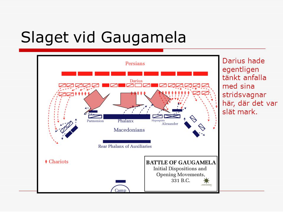 Slaget vid Gaugamela Darius hade egentligen tänkt anfalla med sina stridsvagnar här, där det var slät mark.