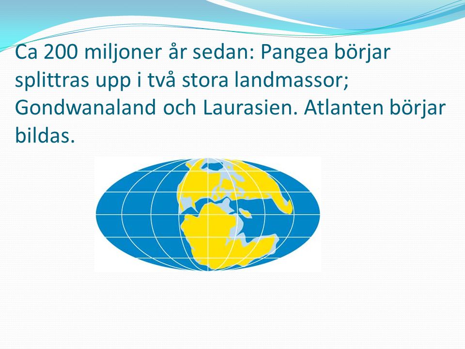 Ca 200 miljoner år sedan: Pangea börjar splittras upp i två stora landmassor; Gondwanaland och Laurasien.