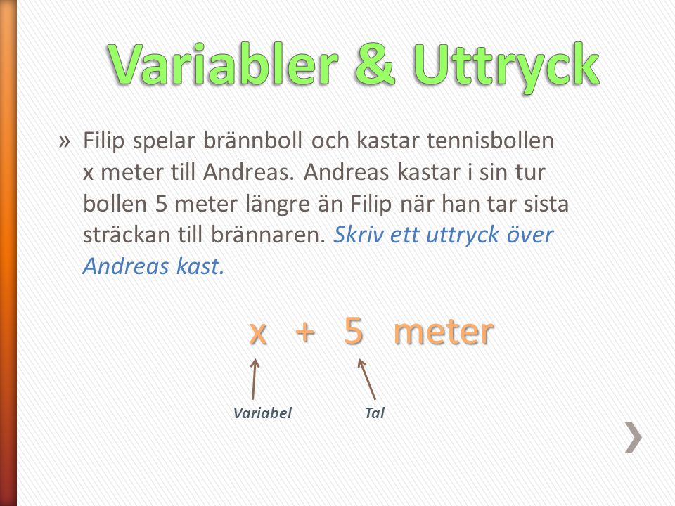 Variabler & Uttryck x + 5 meter