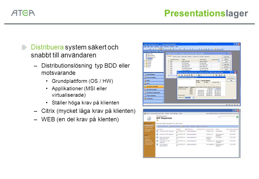 Presentationslager Distribuera system säkert och snabbt till användaren. Distributionslösning typ BDD eller motsvarande.