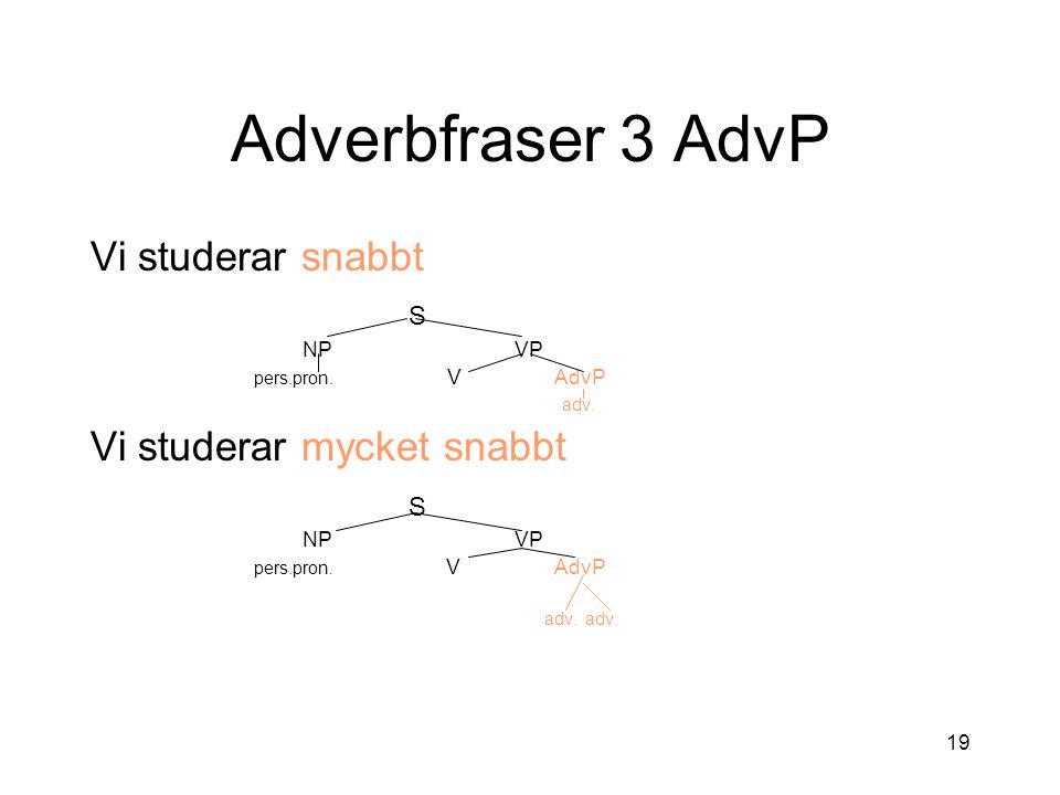 Adverbfraser 3 AdvP Vi studerar snabbt S Vi studerar mycket snabbt