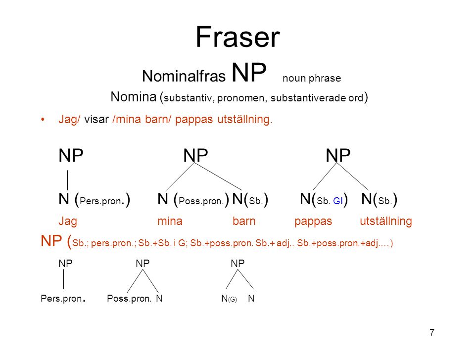 Fraser Nominalfras NP noun phrase Nomina (substantiv, pronomen, substantiverade ord)