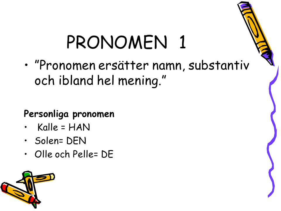 PRONOMEN 1 Pronomen ersätter namn, substantiv och ibland hel mening.