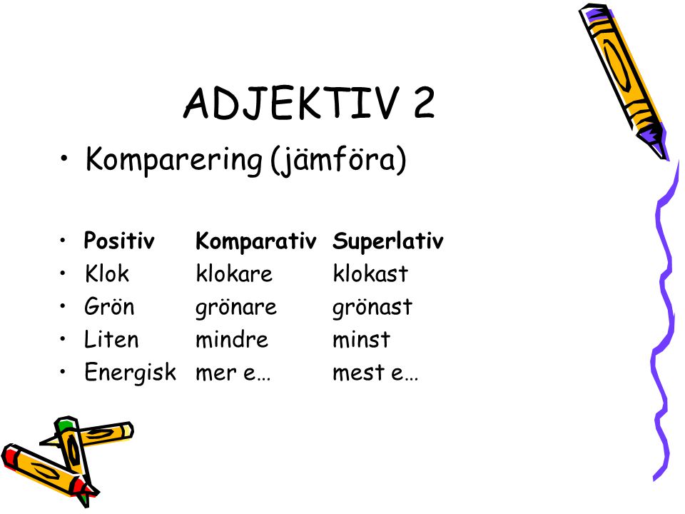 ADJEKTIV 2 Komparering (jämföra) Positiv Komparativ Superlativ