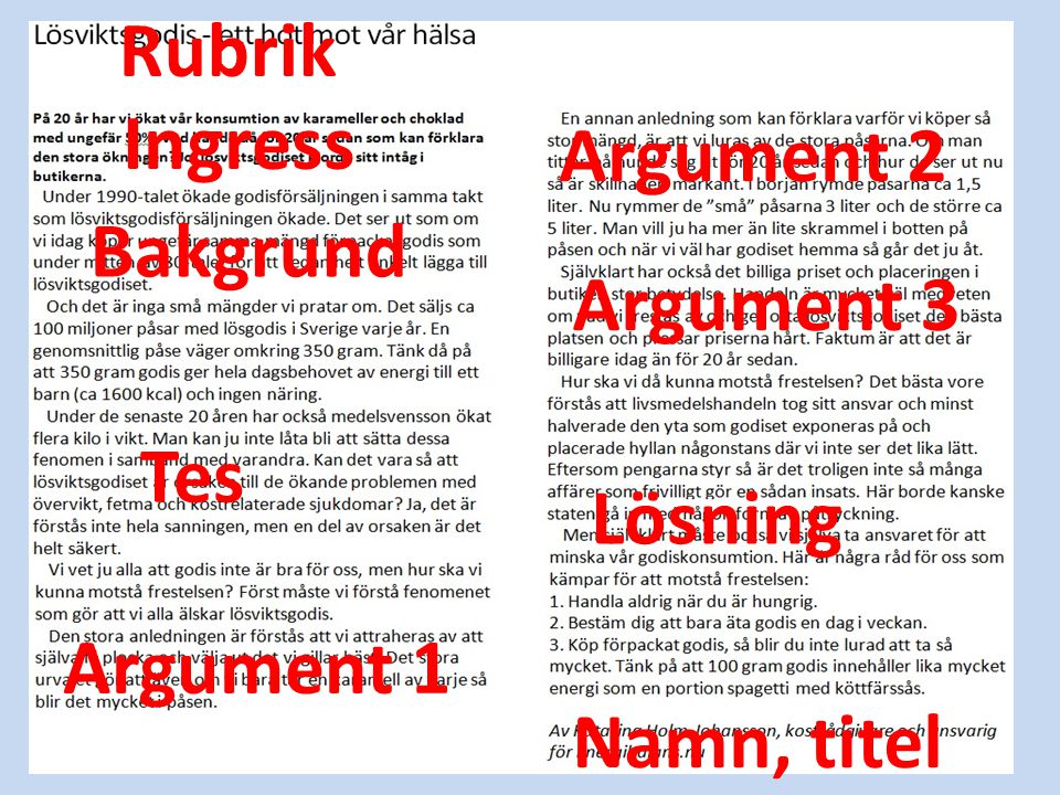 Rubrik Ingress Argument 2 Bakgrund Argument 3 Tes Lösning Argument 1 Namn, titel