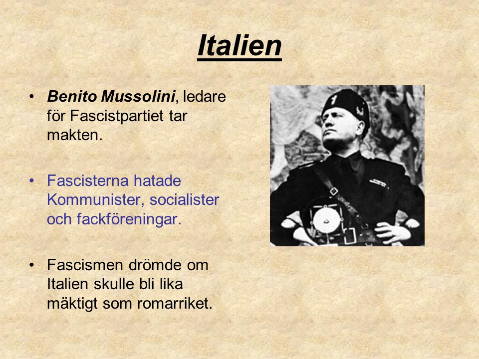 Italien Benito Mussolini, ledare för Fascistpartiet tar makten.
