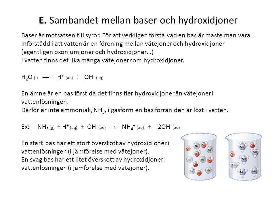 E. Sambandet mellan baser och hydroxidjoner