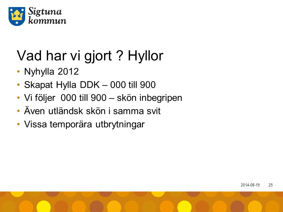 Vad har vi gjort Hyllor Nyhylla 2012 Skapat Hylla DDK – 000 till 900