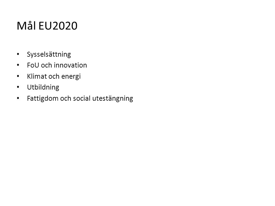 Mål EU2020 Sysselsättning FoU och innovation Klimat och energi