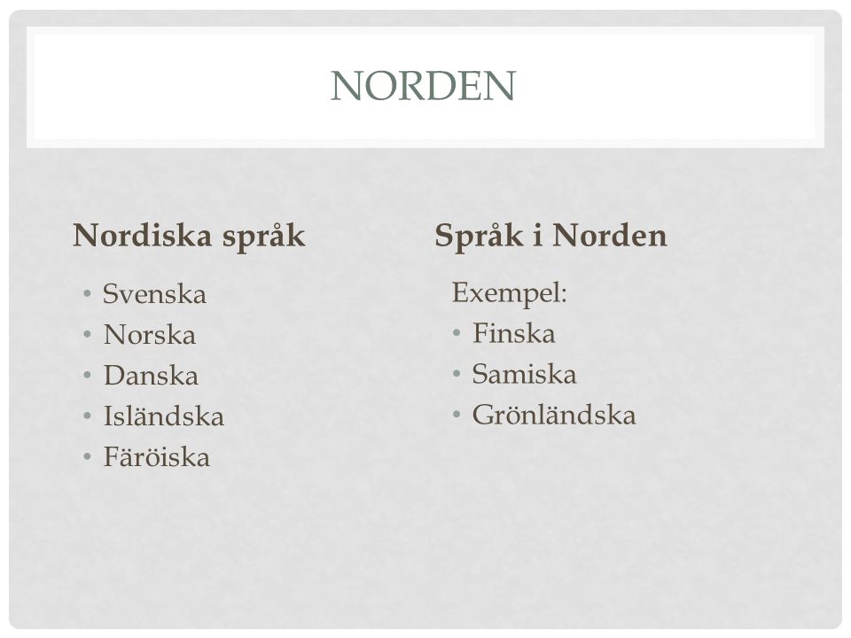 Norden Nordiska språk Språk i Norden Svenska Exempel: Norska Finska