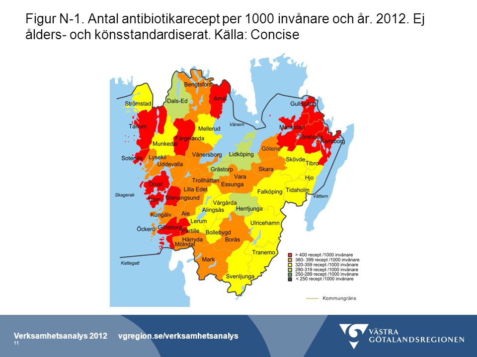 Figur N-1. Antal antibiotikarecept per 1000 invånare och år. 2012