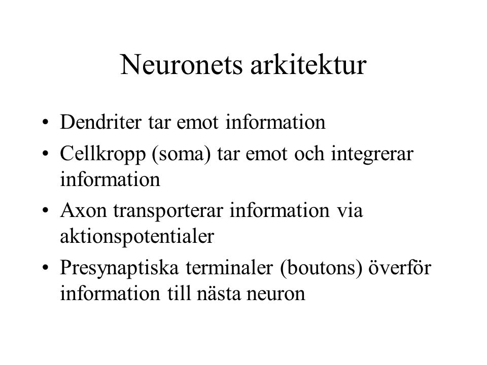Neuronets arkitektur Dendriter tar emot information