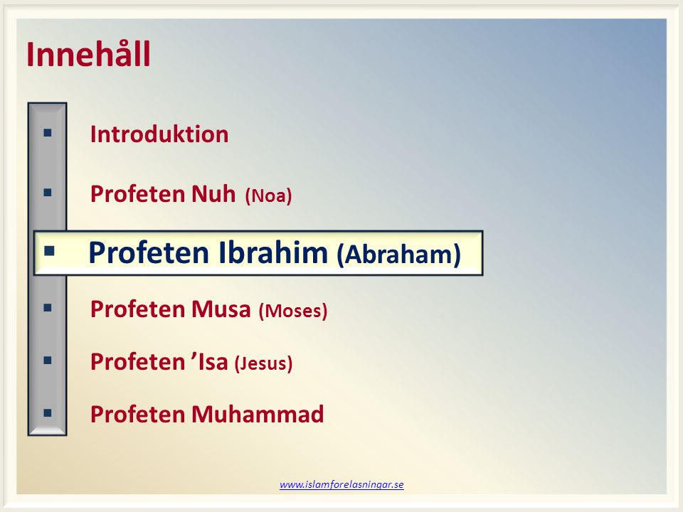 Innehåll Profeten Ibrahim (Abraham) Introduktion Profeten Nuh (Noa)
