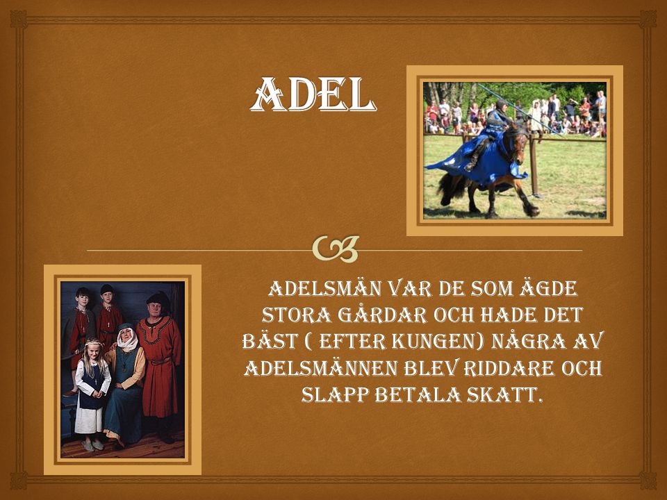 Adel Adelsmän var de som ägde stora gårdar och hade det bäst ( efter kungen) Några av Adelsmännen blev riddare och slapp betala skatt.