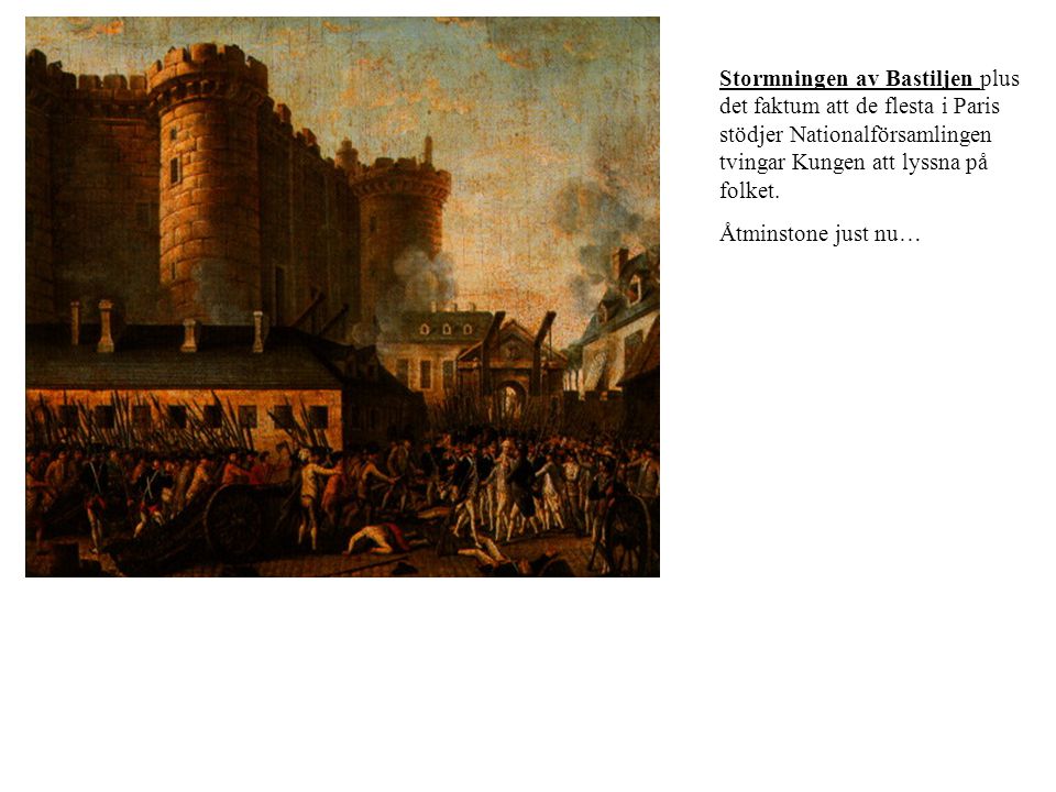 Stormningen av Bastiljen plus det faktum att de flesta i Paris stödjer Nationalförsamlingen tvingar Kungen att lyssna på folket.