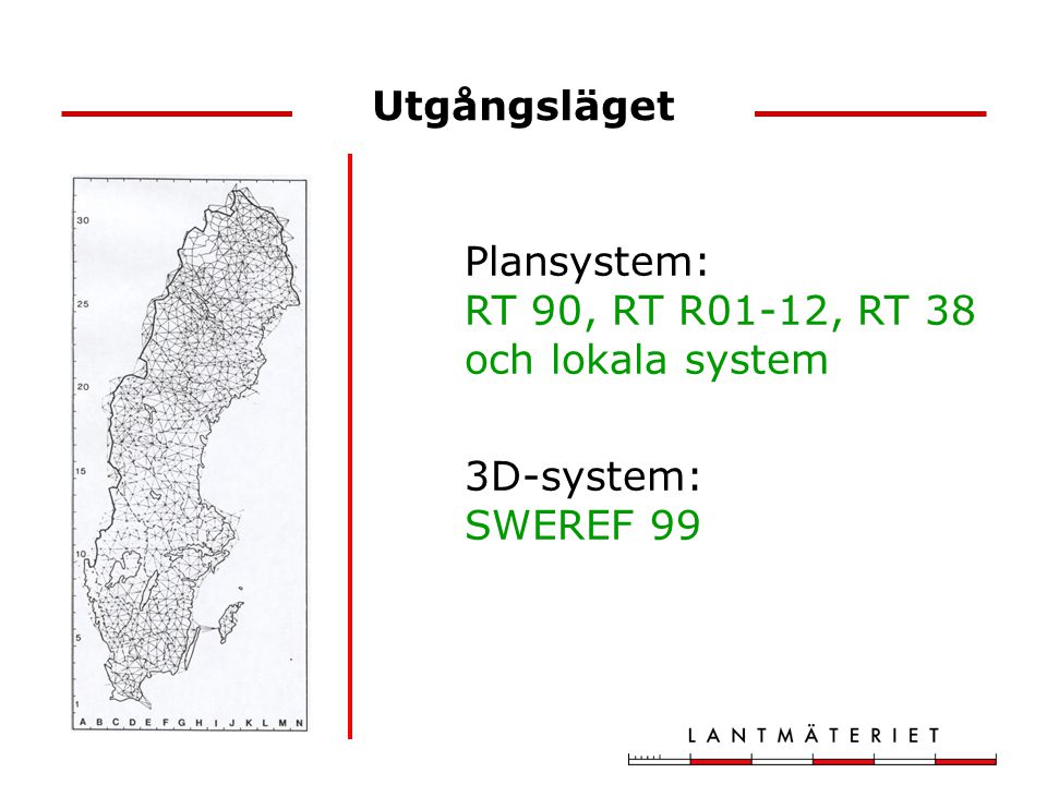Utgångsläget Plansystem: RT 90, RT R01-12, RT 38 och lokala system 3D-system: SWEREF 99
