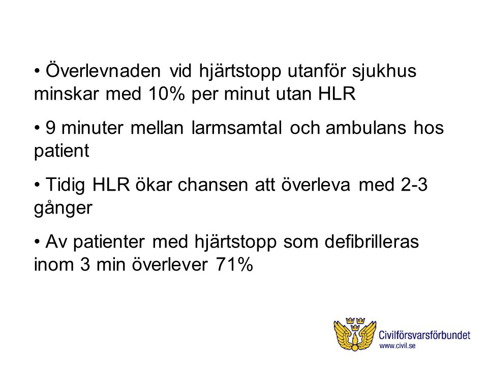 Överlevnaden vid hjärtstopp utanför sjukhus minskar med 10% per minut utan HLR