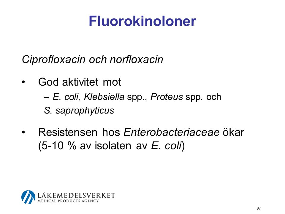 Fluorokinoloner Ciprofloxacin och norfloxacin God aktivitet mot