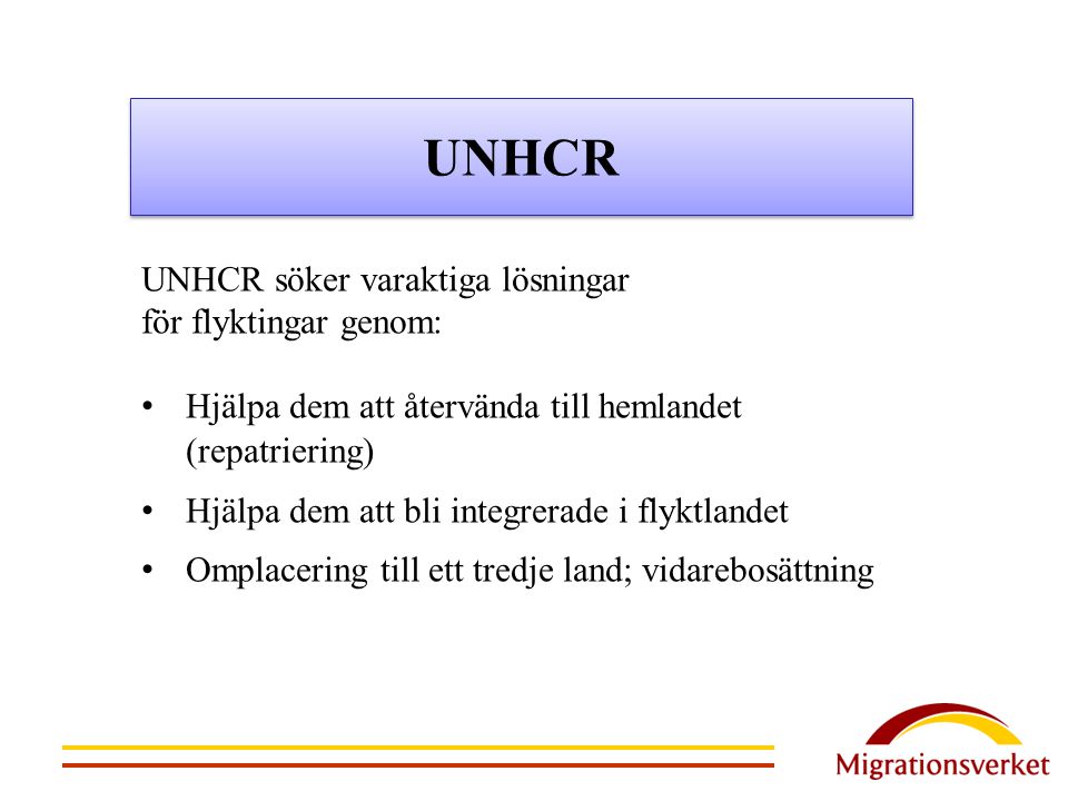 UNHCR UNHCR söker varaktiga lösningar för flyktingar genom:
