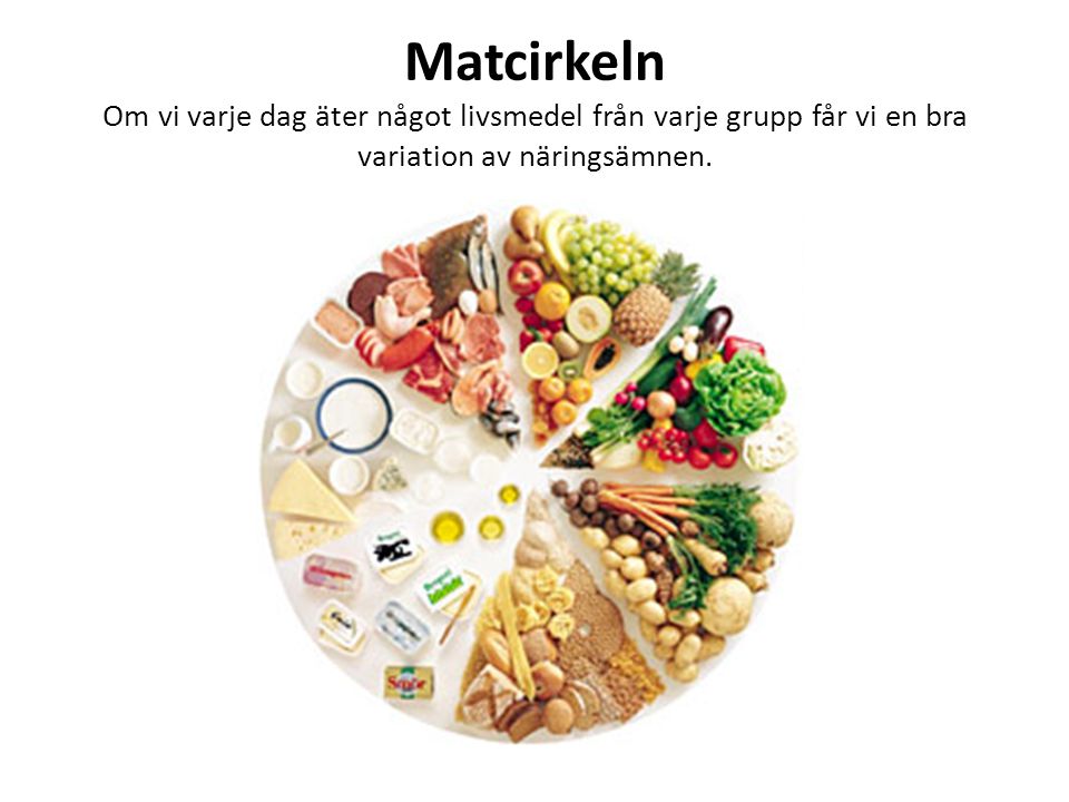 Matcirkeln Om vi varje dag äter något livsmedel från varje grupp får vi en bra variation av näringsämnen.