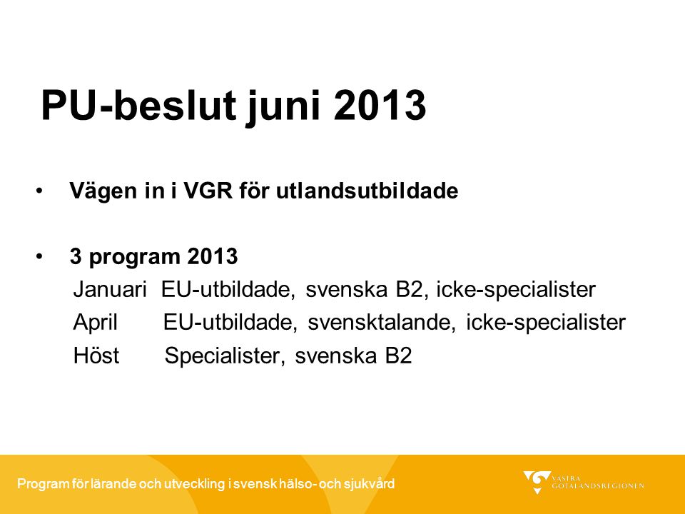 PU-beslut juni 2013 Vägen in i VGR för utlandsutbildade 3 program 2013