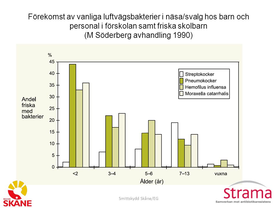 Förekomst av vanliga luftvägsbakterier i näsa/svalg hos barn och personal i förskolan samt friska skolbarn (M Söderberg avhandling 1990)