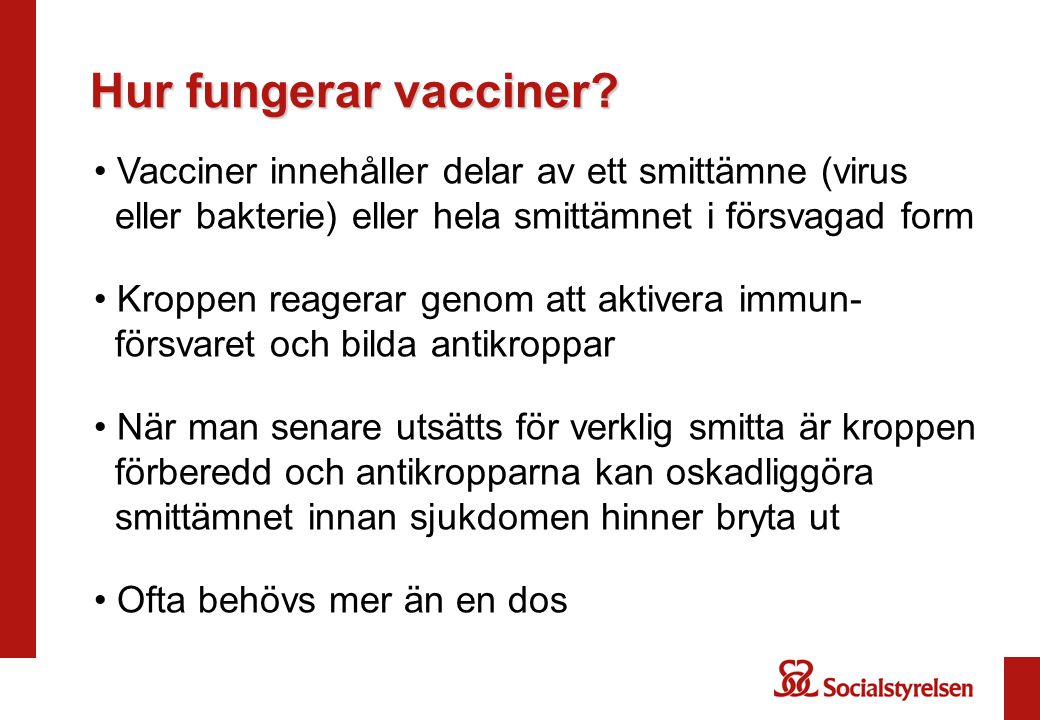 Hur fungerar vacciner Vacciner innehåller delar av ett smittämne (virus eller bakterie) eller hela smittämnet i försvagad form.
