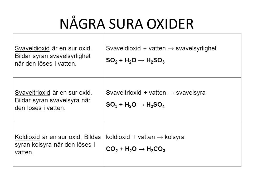 NÅGRA SURA OXIDER Svaveldioxid är en sur oxid. Bildar syran svavelsyrlighet när den löses i vatten.