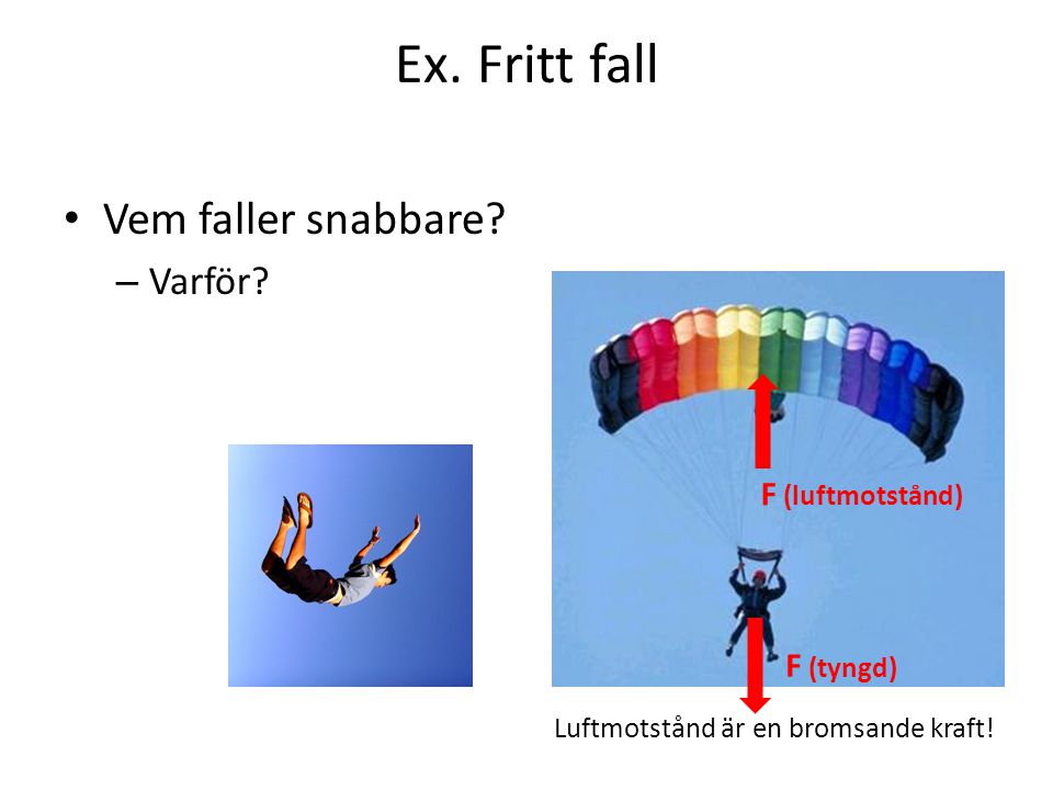 Ex. Fritt fall Vem faller snabbare Varför F (luftmotstånd) F (tyngd)