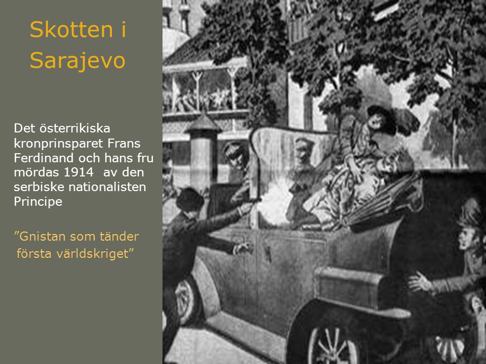 Skotten i Sarajevo Det österrikiska kronprinsparet Frans Ferdinand och hans fru mördas 1914 av den serbiske nationalisten Principe.
