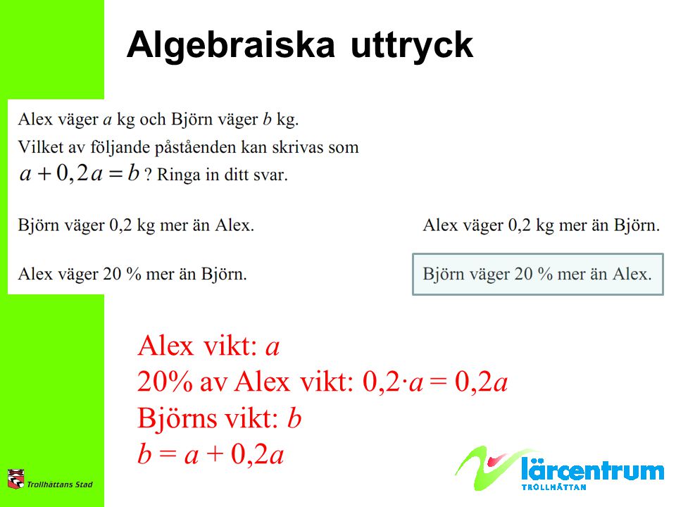 Algebraiska uttryck Alex vikt: a 20% av Alex vikt: 0,2∙a = 0,2a