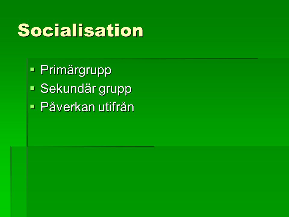 Socialisation Primärgrupp Sekundär grupp Påverkan utifrån