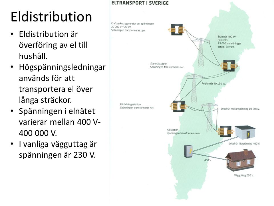 Eldistribution Eldistribution är överföring av el till hushåll.