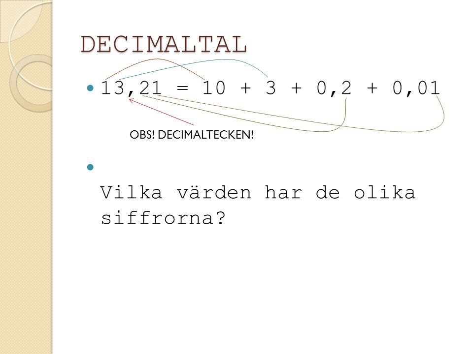 DECIMALTAL 13,21 = ,2 + 0,01 Vilka värden har de olika siffrorna OBS! DECIMALTECKEN!