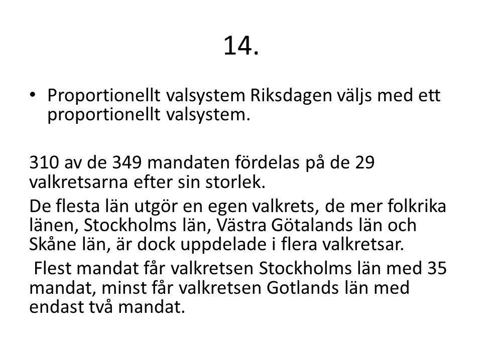 14. Proportionellt valsystem Riksdagen väljs med ett proportionellt valsystem.