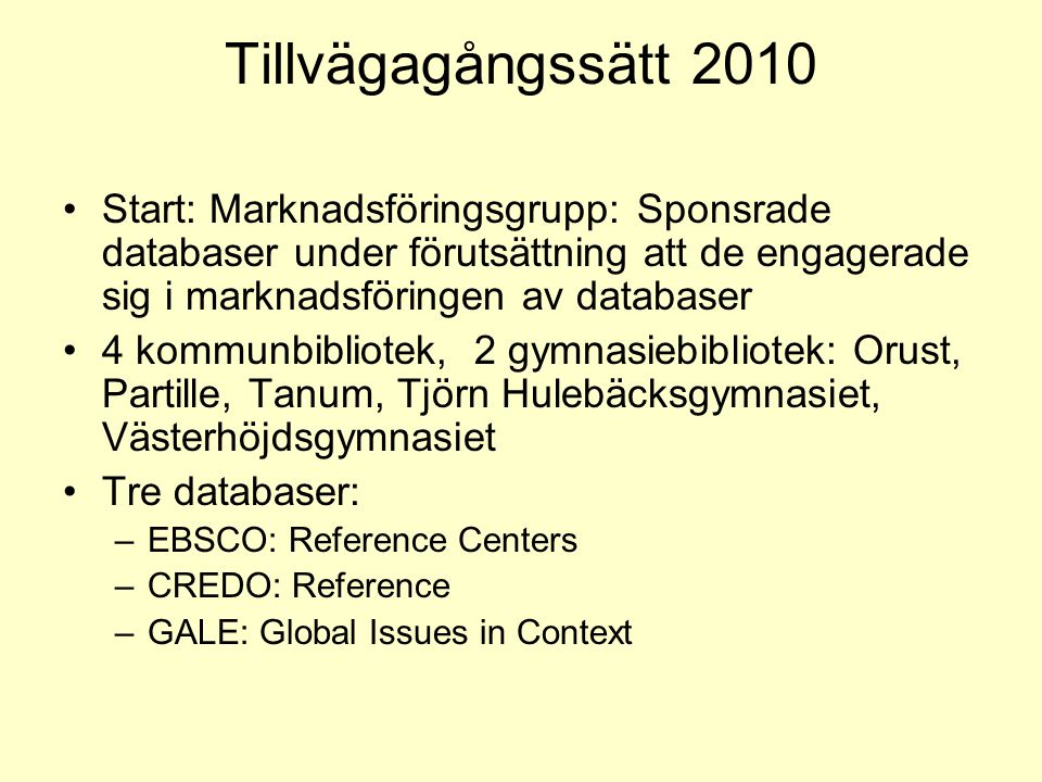 Tillvägagångssätt 2010 Start: Marknadsföringsgrupp: Sponsrade databaser under förutsättning att de engagerade sig i marknadsföringen av databaser.