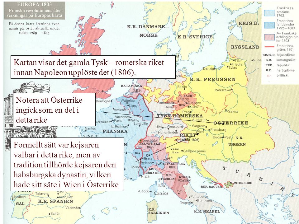 Kartan visar det gamla Tysk – romerska riket innan Napoleon upplöste det (1806).