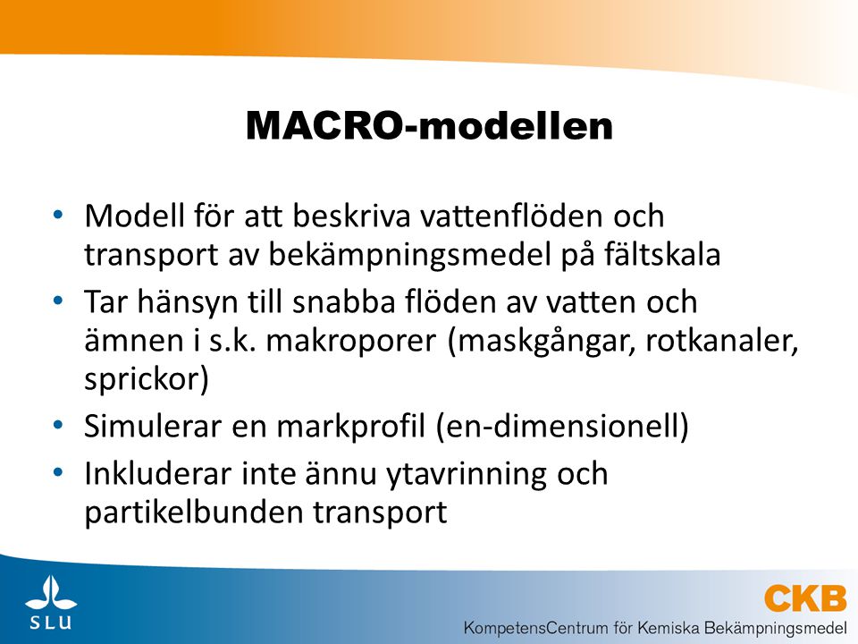 MACRO-modellen Modell för att beskriva vattenflöden och transport av bekämpningsmedel på fältskala.