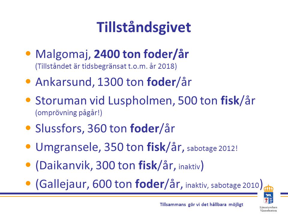 Tillståndsgivet Malgomaj, 2400 ton foder/år (Tillståndet är tidsbegränsat t.o.m. år 2018) Ankarsund, 1300 ton foder/år.