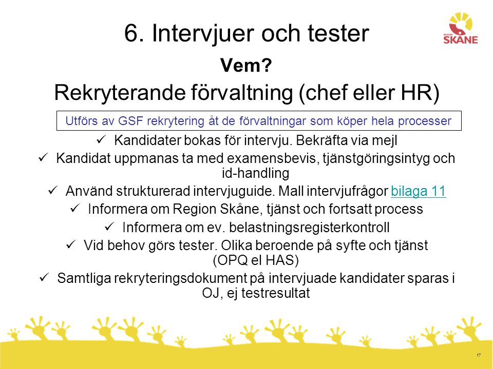6. Intervjuer och tester Rekryterande förvaltning (chef eller HR) Vem