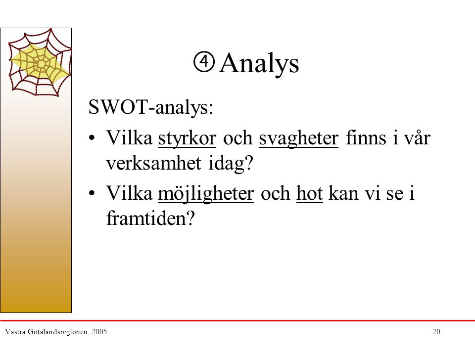 Analys 4. SWOT-analys: Vilka styrkor och svagheter finns i vår verksamhet idag Vilka möjligheter och hot kan vi se i framtiden