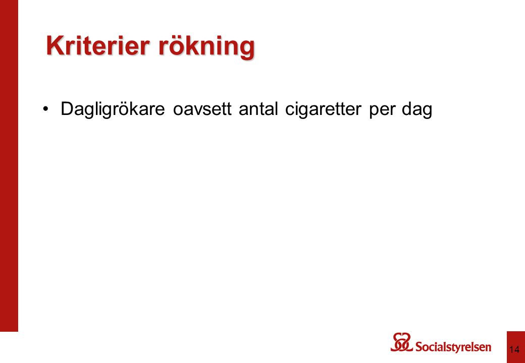 Kriterier rökning Dagligrökare oavsett antal cigaretter per dag