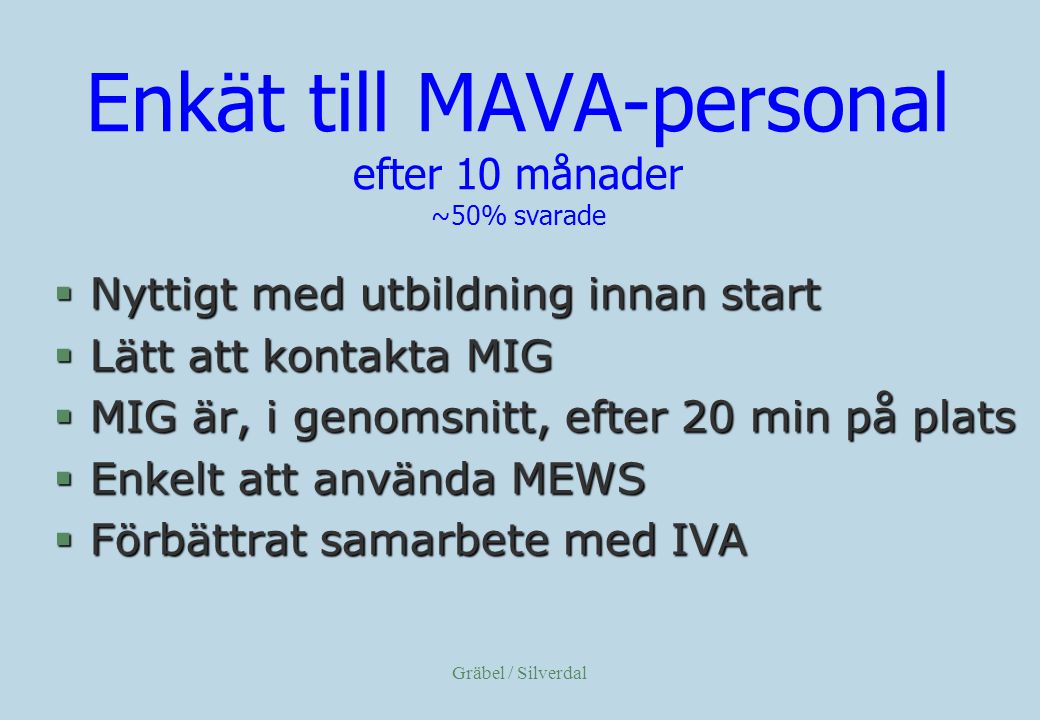 Enkät till MAVA-personal efter 10 månader ~50% svarade