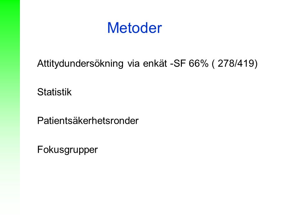 Metoder Attitydundersökning via enkät -SF 66% ( 278/419) Statistik