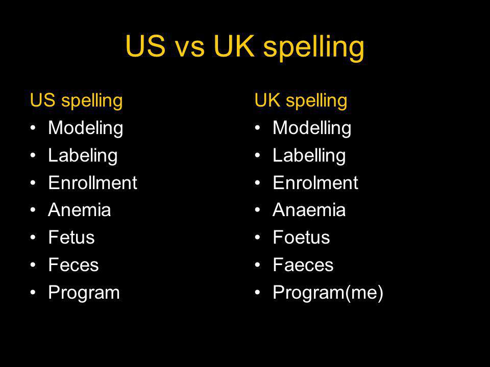 US vs UK spelling US spelling Modeling Labeling Enrollment Anemia