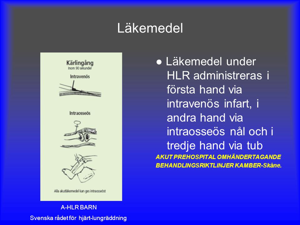 Läkemedel ● Läkemedel under HLR administreras i första hand via intravenös infart, i andra hand via intraosseös nål och i tredje hand via tub.