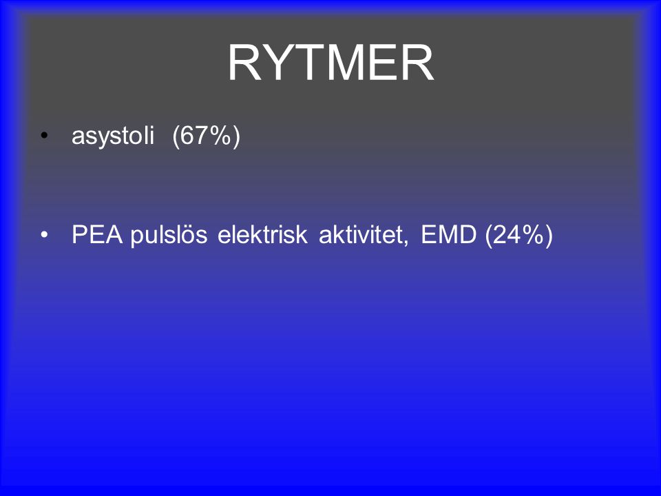 RYTMER asystoli (67%) PEA pulslös elektrisk aktivitet, EMD (24%)