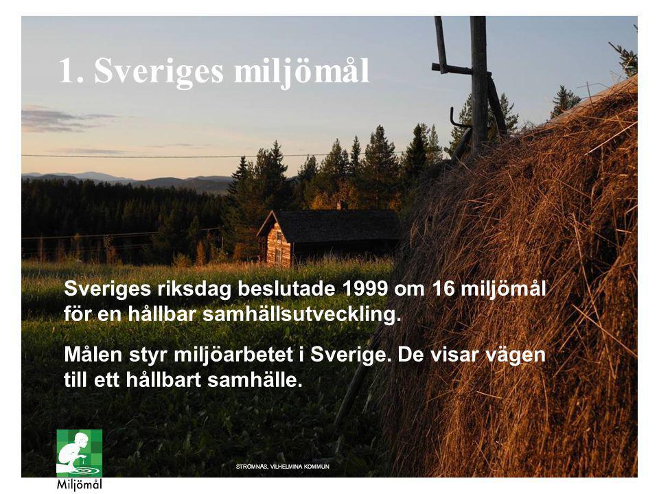 1. Sveriges miljömål Sveriges riksdag beslutade 1999 om 16 miljömål för en hållbar samhällsutveckling.