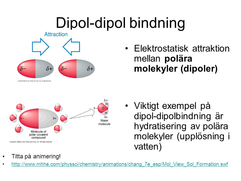 Dipol-dipol bindning Elektrostatisk attraktion mellan polära molekyler (dipoler)