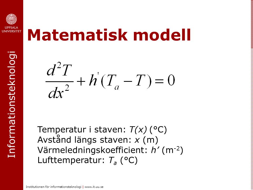 Matematisk modell Temperatur i staven: T(x) (°C) Avstånd längs staven: x (m) Värmeledningskoefficient: h’ (m-2) Lufttemperatur: Ta (°C)